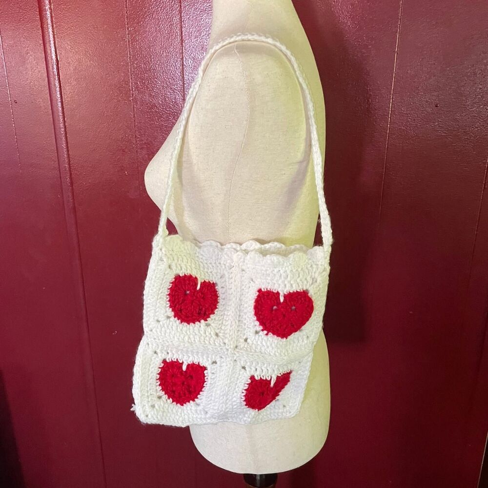 Vintage Handmade Crochet Lined Heart Granny Square  Tote Bag for Valentines Day